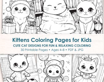 Kittens Coloring Pages Printable, Baby Cat Coloring Book for Kids, Kawaii Kitten Activity Worksheets