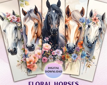 Aquarel paardenbladwijzers met bloemsierkunst, afdrukbare bladwijzerset, cadeau paardenliefhebber