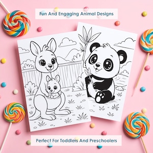 kangaroo and panda coloring pages for kids, cute animal printable worksheets, preschool coloring activity pdf