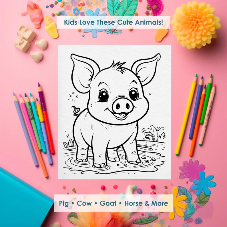 Pig coloring page for kids, cute farm animal printable, fun coloring sheet for preschool activity