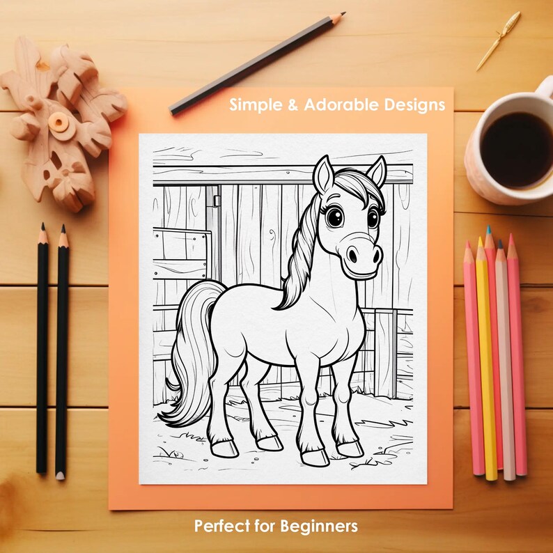 Horse coloring page printable, simple farm animal coloring for kids, easy design for beginners