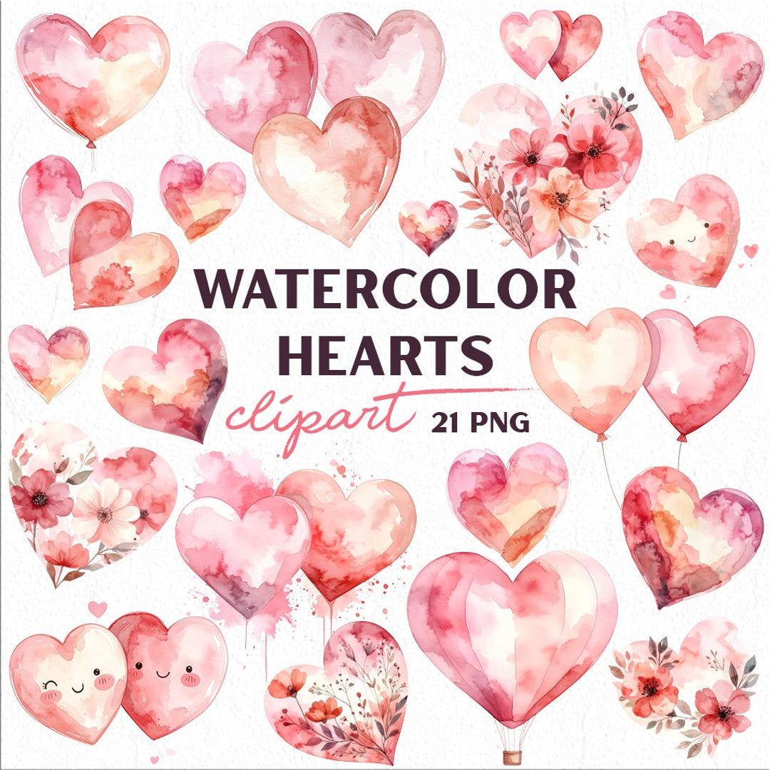 Watercolor Hearts Clipart Set, Valentine’s Day PNG, Pink Love Hearts ...