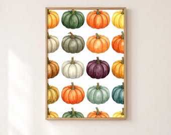 Colorful Pumpkin Wall Art Print, Watercolor Fall Pattern Poster, Autumn Kitchen Decor