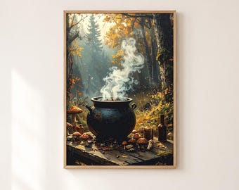 Vintage Halloween Cauldron Wall Art, Witchy Forest and Mushroom Printable, 5 JPG Ratios