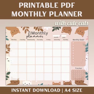 Pode incluir: Planeador mensal em PDF imprimível com um fundo rosa claro e ilustrações de gatos fofos. O planeador inclui uma grelha de calendário, uma secção para metas mensais e um rastreador. O texto inclui "Monthly Planner", "with cute cats" e "Instant Download | A4 SIZE".