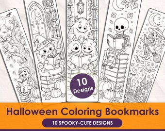 Halloween Coloring Bookmarks for Kids, 10 Printable Bookmarks, Spooky Reading Activity, Classroom Reward