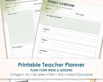 Teacher Planner Printable, 5 Undated Weekly and Lesson Planning Pages, A4 & US Letter PDF
