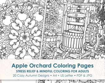 Apple Orchard Coloring Pages for Adults, 20 Cozy Autumn Cottagecore Printables, Fall Coloring Book