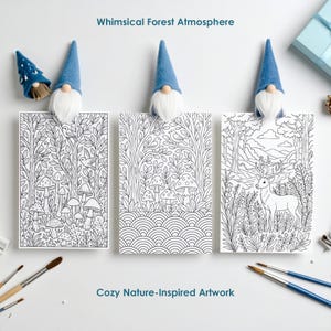 Whimsical forest coloring pages with cozy decor, nature inspired adult coloring printable designs