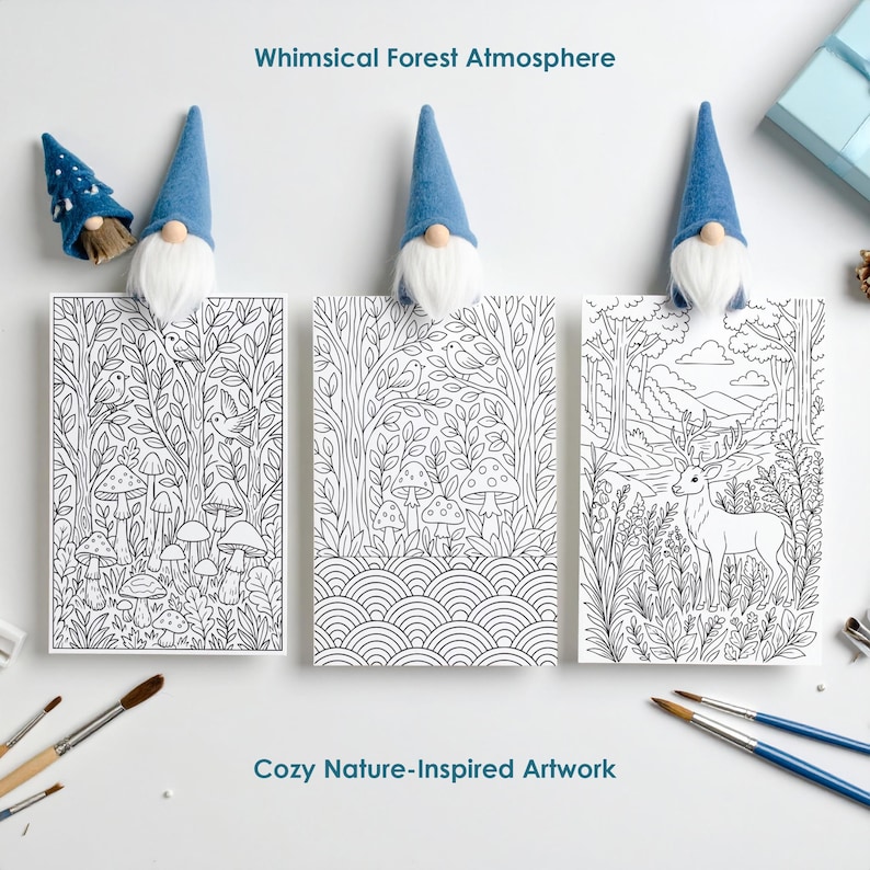 Whimsical forest coloring pages with cozy decor, nature inspired adult coloring printable designs