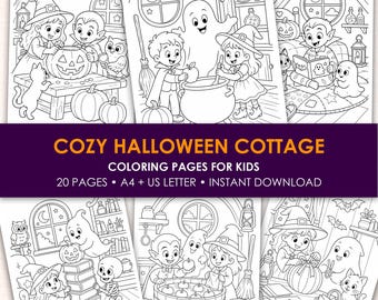 Cozy Cottage Halloween Coloring Pages for Kids,  20 Witch Ghost Cat Printable Coloring Book