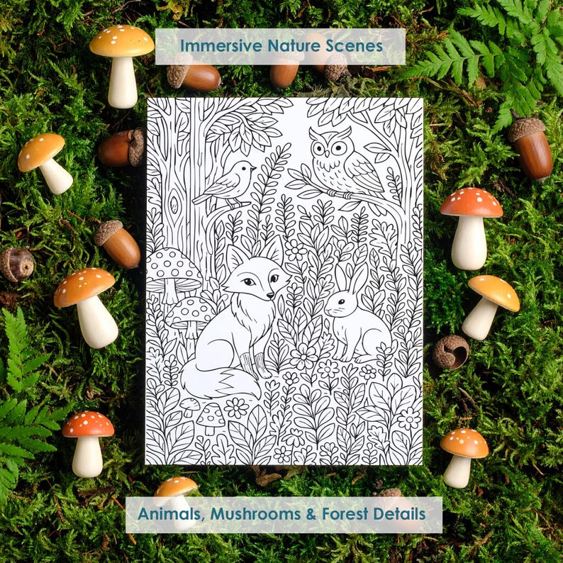Forest coloring page with mushrooms, owl and rabbit, detailed woodland scene printable for adults