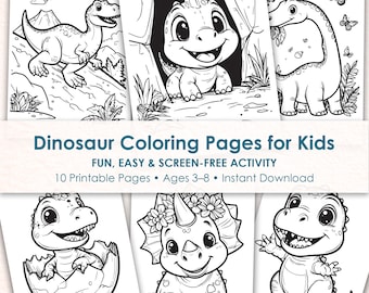 Dinosaur Coloring Pages for Kids Printable, Kawaii Dino Coloring Book, Easy Toddler & Preschool Activity