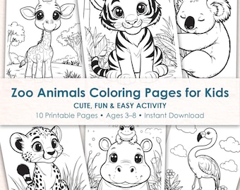 Zoo Animals Coloring Pages for Kids, Printable Coloring Book, Preschool Toddler Activity