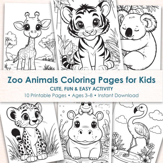Zoo Animals Coloring Pages for Kids, Printable Coloring Book, Preschool Toddler Activity