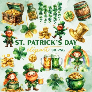 May include: Watercolor clipart set for St. Patrick's Day. Includes illustrations of leprechauns, pots of gold, shamrocks, beer mugs, a rainbow, and a treasure chest. The text "ST. PATRICK'S DAY clipart 30 PNG" is also included.