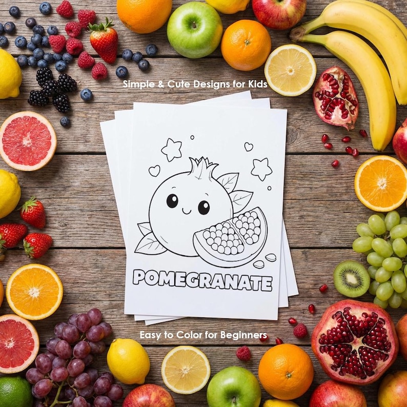 pomegranate coloring page printable for kids, fruit worksheet for preschool learning activity