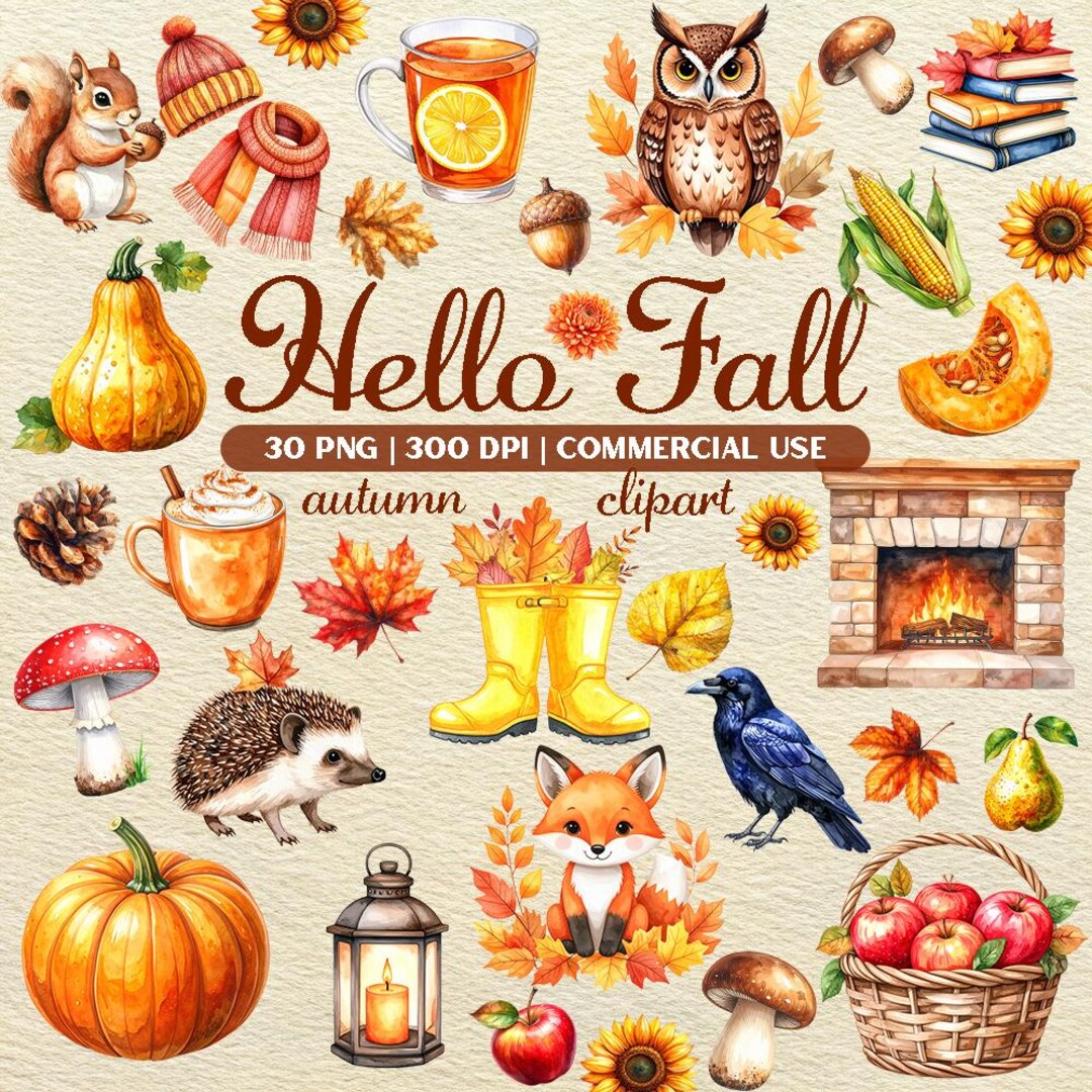 Cozy Autumn Clipart PNG - 30 Watercolor Fall Illustrations With ...