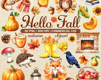 Clipart autunnale accogliente in formato PNG - 30 illustrazioni autunnali ad acquerello con sfondo trasparente