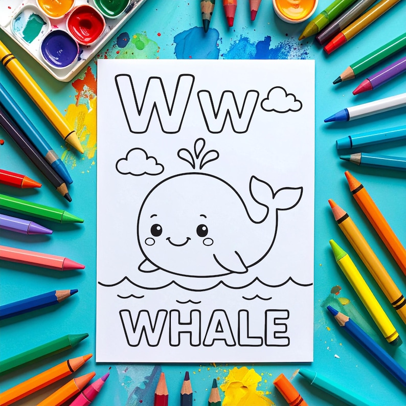 A white coloring page featuring a cartoon whale with the letter "W" and the word "WHALE". The page is surrounded by colorful pencils, paint, and a palette on a blue surface, creating a vibrant art supply theme.