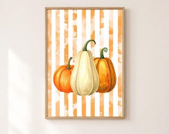 Striped Pumpkin Wall Art Printable, Watercolor Fall Pumpkin Print, Autumn Kitchen & Nursery Decor