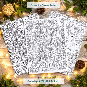 Relaxing forest coloring pages with cozy setup, stress relief and mindful coloring printable