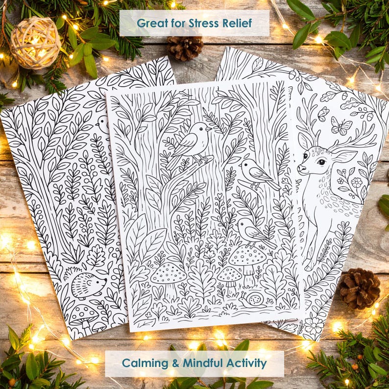 Relaxing forest coloring pages with cozy setup, stress relief and mindful coloring printable