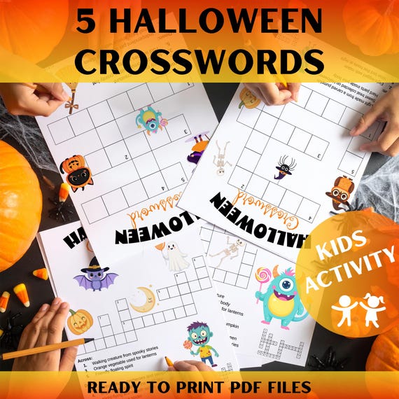 Halloween Crossword Puzzles for Kids: Printable Games PDF with Picture Clues