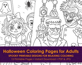 Disegni da colorare di Halloween per adulti, 15 disegni spettrali e inquietanti da stampare in formato PDF e JPG.