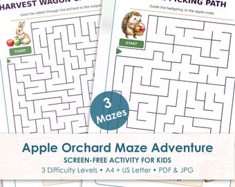 Apple Orchard Maze Printable for Kids, 3 Fall Mazes for Preschool, Autumn Activity Worksheets