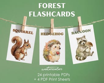 Forest Flashcards for Toddler Learning | Watercolor Woodland Animal Cards Printable Set