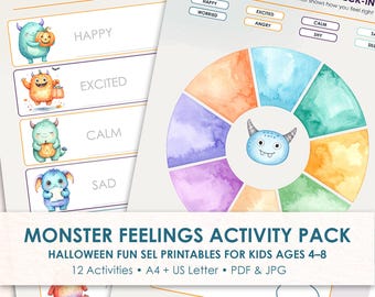 Halloween Feelings Activities for Kids, Monster SEL Printable Activity Pack, Calm Down Worksheets