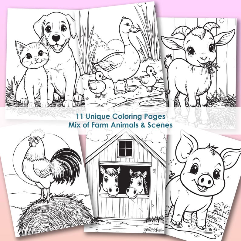Farm animal coloring pages bundle, 11 printable pages, mix of animals and scenes for kids activity