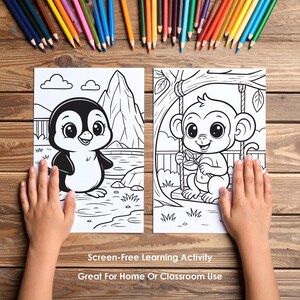 penguin and monkey coloring pages with kids hands, printable zoo animals activity for preschool learning