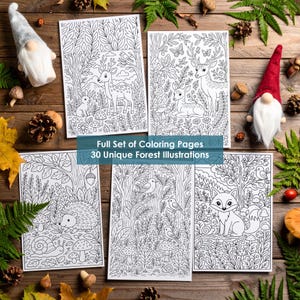 Set of 30 forest coloring pages printable, cozy woodland animals and nature illustrations for adults