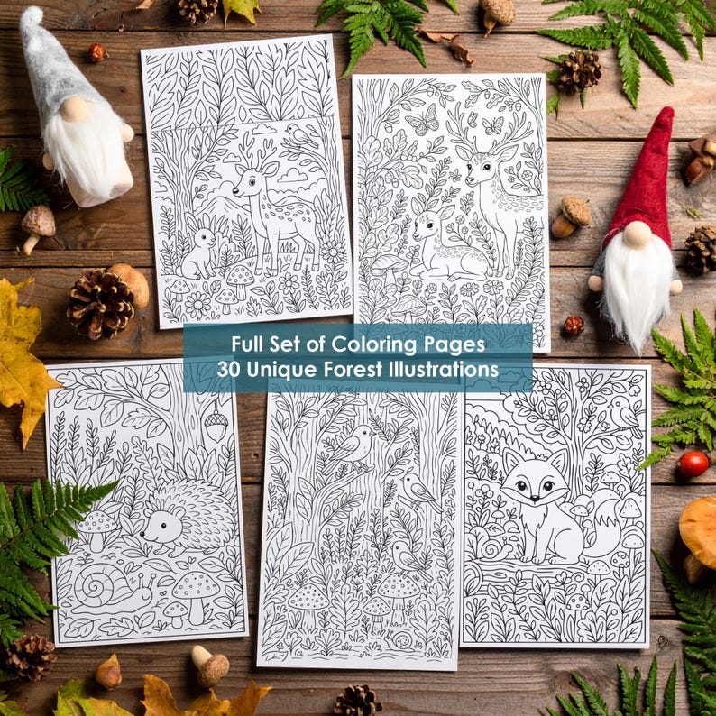 Set of 30 forest coloring pages printable, cozy woodland animals and nature illustrations for adults