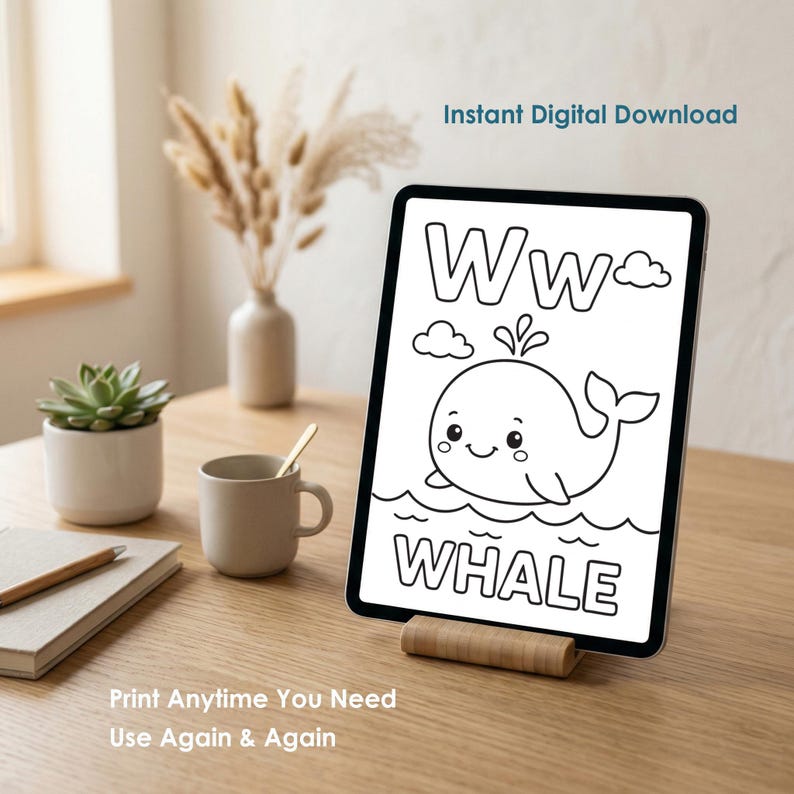 digital alphabet coloring pages printable PDF instant download kids learning letters worksheets
