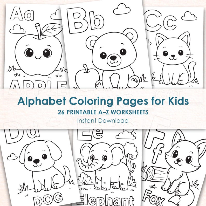 digital alphabet coloring pages printable PDF instant download kids learning letters worksheets