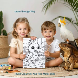 kids holding bird coloring page, printable zoo animals activity, educational coloring sheets for toddlers
