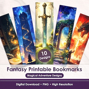 Juego de marcapáginas imprimibles de fantasía, 10 diseños, dragón, espada, magia, regalo para amantes de los libros y lectores.