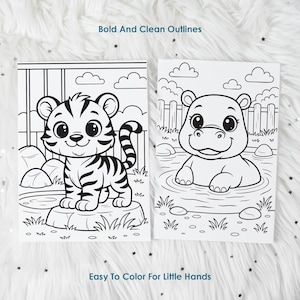 tiger and hippo coloring pages for kids, bold outline animal coloring sheets, easy printable for toddlers