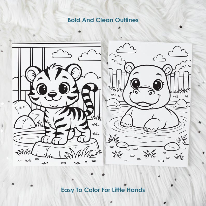 tiger and hippo coloring pages for kids, bold outline animal coloring sheets, easy printable for toddlers