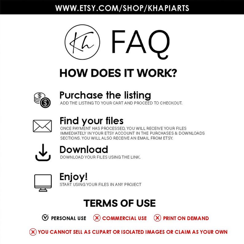 May include: White graphic with the text "FAQ" and instructions on how to purchase and use digital files. Includes icons for purchasing, downloading, and terms of use. The Etsy shop URL is at the top.