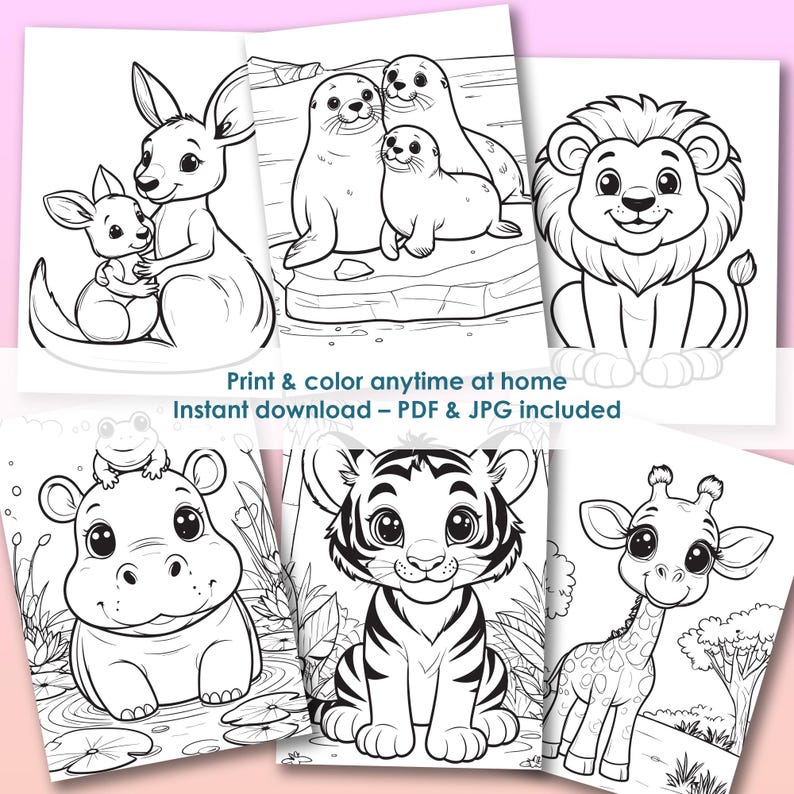 Printable zoo coloring pages bundle, instant download PDF JPG, kids activity pages at home