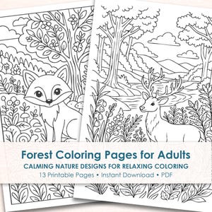 Forest coloring pages for adults printable, relaxing nature designs with animals, 30 pages PDF instant download
