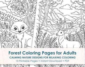 Disegni da colorare della foresta per adulti, libro da colorare della natura stampabile, arte rilassante e antistress nel bosco