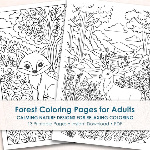 Forest Coloring Pages for Adults, Printable Nature Coloring Book, Relaxing Stress Relief Woodland Art
