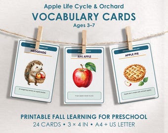 Apple Life Cycle Cards and Orchard Vocabulary Cards, Printable Fall Learning Flashcards for Preschool