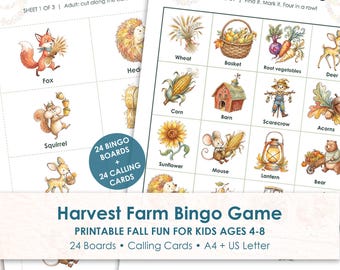 Harvest Bingo Printable for Kids, 24 Farm Game Boards, Fall Classroom Game
