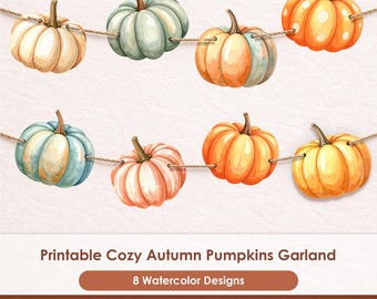Printable Pumpkin Garland: 8 Watercolor Designs, Fall Decor, PNG and PDF